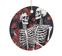 LZQPOEAS Rose And Skeleton Round Ceramic Pendant Hanging Festival Ornament, Personalized Double Sided Ceramic Home Decor, Lightweight Durable Hanging Ornament Gift for Home, Party, Women Men