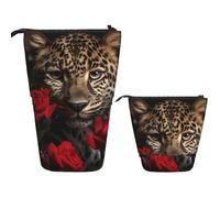 LZQPOEAS Rose Leopard Pencil Case Telescopic Pen Pouch Standing Pencil Bag Pop Up Pencil Holder With Zipper Travel Coin Pouch Purse Portable Makeup Bag for Office Holiday Gift