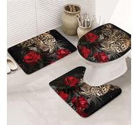 LZQPOEAS Rose Leopard Print Bathroom Rug Set 3 Piece Includes Non Slip Bath Mat, Contour Mat and Toilet Lid Cover Ultra Soft Microfiber Bathroom Floor Mats Set