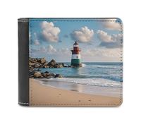 LZQPOEAS Sea Lighthouse Sandbeach Bifold Wallet for Women Men Slim Wallet Small Billfold Minimalist Front Pocket Thin PU Leather Card Holder