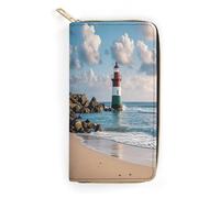 LZQPOEAS Sea Lighthouse Sandbeach Wallet for Men Women Credit Card Holder Minimalist Long Wallet Soft PU Leather Wallet Zipped Coin Purse
