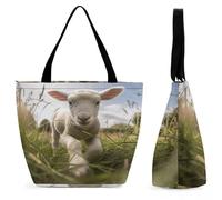 LZQPOEAS Sheep Running on Grass Tote Bag for Women Lightweight Casual Shoulder Bag Reusable Grocery Shopping Bag Large Capacity Everyday Handbag for Travel Work Gym Office Daily Use