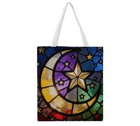 LZQPOEAS Stained Glass Print Moon Stars Great Martin Canvas Tote Bag Double Sides Print Reusable Shopping Handbag Large Capacity Shopping Bag Gift Bag Daily Use