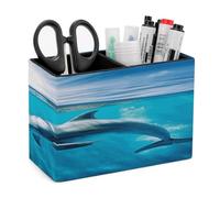 LZQPOEAS Swimming Dolphin in Blue Sea Leather Pen Holder for Desk Double Compartments Brush Minimalist PU Leather Pencil Holder Locker Organizer for Work Locker Accessories Pencil Cup for Desk