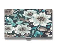 LZQPOEAS Teal Grey And White Floral Business Card Holder Professional Name Cards Holders Metal Slim Portable Cards Case Aluminum Alloy Business Card Organizer for Women Men