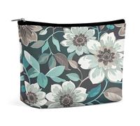 LZQPOEAS Teal Grey And White Floral Makeup Bag Large Capacity Leather Cosmetic Bags Portable Travel Toiletry Bag Personalized Aesthetic Make Up Bag Versatile Zipper Makeup Pouch for Women