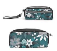 LZQPOEAS Teal Grey And White Floral Pen Case Cosmetic Makeup Bag PU Leather Cosmetic Pencil Bags Small Soft Makeup Pouch with Zipper Waterproof Makeup Brush Holder for Women Men Office