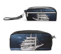 LZQPOEAS Vintage Nautical White Ship Pen Case Cosmetic Makeup Bag PU Leather Cosmetic Pencil Bags Small Soft Makeup Pouch with Zipper Waterproof Makeup Brush Holder for Women Men Office
