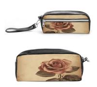 LZQPOEAS Vintage Rose Pen Case Cosmetic Makeup Bag PU Leather Cosmetic Pencil Bags Small Soft Makeup Pouch with Zipper Waterproof Makeup Brush Holder for Women Men Office