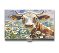 LZQPOEAS Watercolor Cow And Daisy Flower Business Card Holder Case for Men & Women Minimalist Design Ultra Thin Metal Credit Card Holder Professional Aluminum Alloy Flip Cover Slim Name Card Case