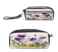 LZQPOEAS Watercolor Purple Flowers Pen Case Cosmetic Makeup Bag PU Leather Cosmetic Pencil Bags Small Soft Makeup Pouch with Zipper Waterproof Makeup Brush Holder for Women Men Office