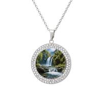 LZQPOEAS Waterfall Landscape Painting Necklace Round Coin Pendant Necklaces Charm Round Pendant Initial Necklaces Fashion Jewelry Silver-style