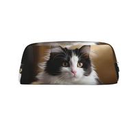 LZQPOEAS White and black kitten sitting Pencil Case Leather Pen Bag Travel Makeup Bag Zipper Organizer Bag for Women Men