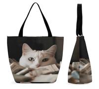 LZQPOEAS White Cat And Pile of Dollars Tote Bag for Women Lightweight Casual Shoulder Bag Reusable Grocery Shopping Bag Large Capacity Everyday Handbag for Travel Work Gym Office Daily Use
