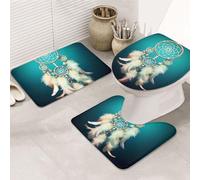 LZQPOEAS White Dream Catcher Feather Print Bathroom Rug Set 3 Piece Includes Non Slip Bath Mat, Contour Mat and Toilet Lid Cover Ultra Soft Microfiber Bathroom Floor Mats Set