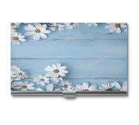LZQPOEAS White Flowers Light Blue Wood Business Card Holder Case for Men & Women Minimalist Design Ultra Thin Metal Credit Card Holder Professional Aluminum Alloy Flip Cover Slim Name Card Case