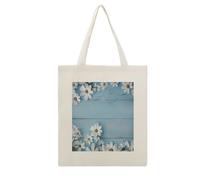 LZQPOEAS White Flowers Light Blue Wood Canvas Tote Bag Cotton Grocery Shopping Cloth Bags Cute Aesthetic Tote Bag Lightweight Reusable Shoulder Bags for Shopping Grocery Beach Picnic Wedding Favors
