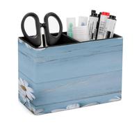 LZQPOEAS White Flowers Light Blue Wood Leather Pen Holder for Desk Double Compartments Brush Minimalist PU Leather Pencil Holder Locker Organizer for Work Locker Accessories Pencil Cup for Desk