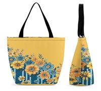 LZQPOEAS Yellow And Blue Floral Tote Bag for Women Lightweight Casual Shoulder Bag Reusable Grocery Shopping Bag Large Capacity Everyday Handbag for Travel Work Gym Office Daily Use