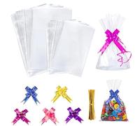 LZRinue Cellophane Bags 100Pcs Treat Bags with 100 Mix Color Pull Bows and Twist Ties, 2 Sizes Cellophane Gift Bags Clear Goodie Bags for Packaging, Wrapping Sweet bags for Hamper Making