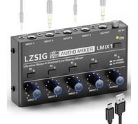 LZSIG Mini Audio Mixer, Stereo Line Mixer for Sub-Mixing, Ultra Low-Noise, 4-Channel, Dynamic Microphone Independent Control, 1/4" & 1/8" TRS Output and Input for Guitars,Bass,Keyboards