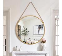 Lzuso Circle Hanging Mirror Metal Framed Round Mirrors with Bead Modern Rope Hanging Mirror for Bathroom Living Room Wall Decorative Gold 50x50cm