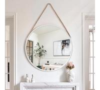 Lzuso Hanging Circle Mirror Modern Round Hanging Mirrors with Bead Metal Framed Rope Hanging Mirror for Living Room Entryway Bathroom Bedroom Wall Decorative White 50x50cm
