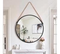 Lzuso Hanging Mirror Black Round Metal Framed Circle Wall Mirrors with Rope Modern for Bathroom Bedroom Living Room Entryway Home Decorative 60x60cm