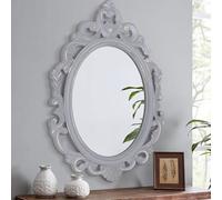 Lzuso Oval Wooden Hanging Mirror Grey Carved Frame Wall Mirrors Rustic Vintage Decorative Aesthetic for Vanity Bedroom Living Room Entryway Farmhouse 24"x16"