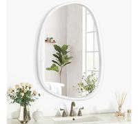 Lzuso Wood Frame Hanging Wall Mirror Asymmetrical Irregular Oval Mirrors for Wall Unique Shape Decorative Artistic Mirror for Entryway Bedroom Living Room Bathroom White
