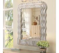 Lzuso Wood Vanity Irregular Mirror for Wall Large Modern Wooden Framed Hanging Mirrors Unique Shape Wall Mounted Vanity Artistic Wavy Mirror for Living Room Bedroom Bathroom Entryway 26"x18"