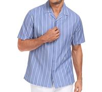 Lzzidou Men's Button Down Cotton Shirt Short Sleeve Cuban Collar Striped Shirt for Summer Vacation Beach Camp Work Business, Blue Daimond With White Stripe, Medium