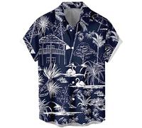Lzzidou Men's Hawaiian Shirt Short Sleeve Button Down Beach Shirts, Navy Village, S