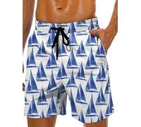 Lzzidou Men's Swim Trunks 9 Inch Inseam Bathing Suit Hawaiian Swimsuits Mesh Lining Beach Shorts with Pockets, White-sailboat, X-Large