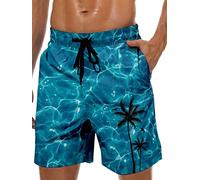 Lzzidou Men's Swim Trunks 9 Inch Inseam Bathing Suit Hawaiian Swimsuits Mesh Lining Beach Shorts with Pockets, Lake Blue Palm Tree, 3XL