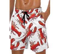 Lzzidou Men's Swim Trunks 9 Inch Inseam Bathing Suit Hawaiian Swimsuits Mesh Lining Beach Shorts with Pockets, White-lobster, X-Large