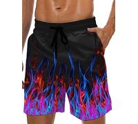 Lzzidou Men's Swim Trunks Hawaiian Bathing Mesh Lining Suit Swimsuits Beach Shorts with Pockets, Black-Colorful Flame, M
