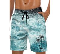 Lzzidou Men's Swim Trunks Hawaiian Bathing Mesh Lining Suit Swimsuits Beach Shorts with Pockets, Green Wave, X-Large