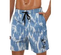 Lzzidou Men's Swim Trunks Quick Dry Hawaiian Board Shorts Lined Beach Shorts with Pockets, Blue White-stripe, M