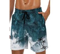 Lzzidou Men's Swim Trunks Quick Dry Hawaiian Board Shorts Lined Beach Shorts with Pockets, Green White-sea Wave, M