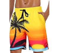 Lzzidou Men's Swim Trunks Quick Dry Hawaiian Board Shorts Lined Beach Shorts with Pockets, Yellow-dusk, 3XL