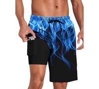 Lzzidou Men's Swim Trunks with Compression Liner Quick Dry Board Shorts Waterproof Bathing Suit, Flame-blue, L