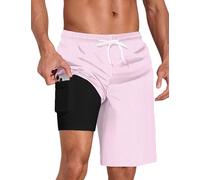 Lzzidou Men's Swim Trunks with Compression Liner Quick Dry Board Shorts WaterProof Bathing Suit, Stripe-pink White, X-Large