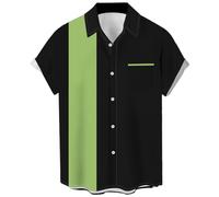 Lzzidou Men's Vintage 1950s Casual Short Sleeve Button Up Contrast Stripe Cuban Shirt, Sage and Black Stripe, XL