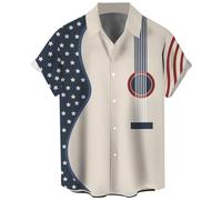Lzzidou Men's Vintage Bowling Shirt 1950s Retro Rockabilly Style Short Sleeve Button Down Music Hawaiian Shirts, Guitar-usa Flag, Medium