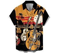 Lzzidou Men's Vintage Bowling Shirt 1950s Retro Rockabilly Style Short Sleeve Button Down Music Hawaiian Shirts, Guitar-Hawaii, 3XL