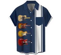 Lzzidou Men's Vintage Bowling Shirt 1950s Retro Rockabilly Style Short Sleeve Button Down Music Hawaiian Shirts, Guitar-4 Styles, Medium