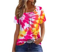(M, 006* Hot Pink) Womens Summer Tops Dressy Casual Short Sleeve Pleated T Shirts Square Neck Floral Print Shirts Trendy Boho Tunic Blouses Cute Flowy Tees Lightweight B