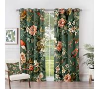 M#-244 Floral Blackout Curtain - Thermal Curtain with Vintage Flower Design and Botanical Birds Design, Bedroom Living Room Window, Set of 2 Curtains and Interior Draperies with Eyelets, 75 x 166 cm