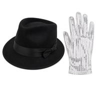 M&A PEAKS 2 Piece King of Pop Costume Set for Adults - Black Fedora Hat 58cm & Silver Sequin Glove - MJ Michael Jackson Pop Star Fancy Dress Halloween Party Accessory